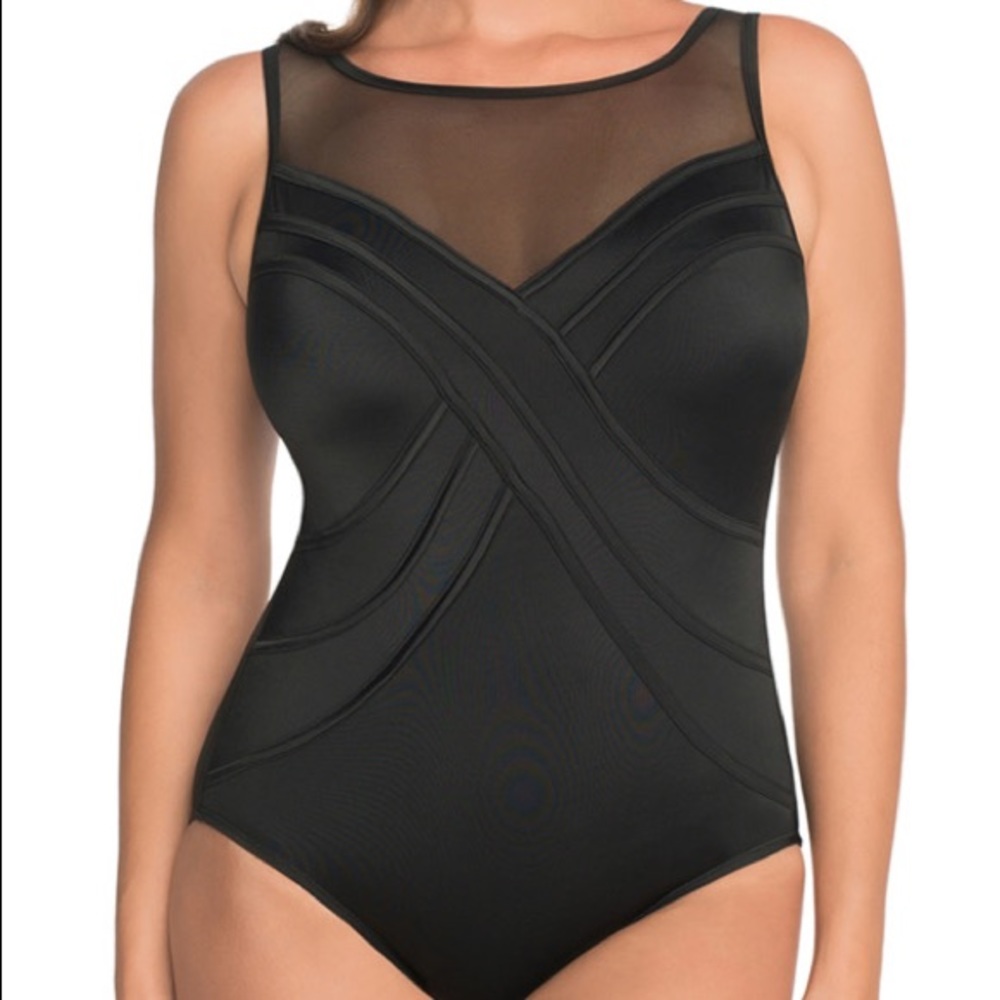 Longitude Women's Overlays Spotlight Mesh Highneck Long Torso Swimsuit, 12